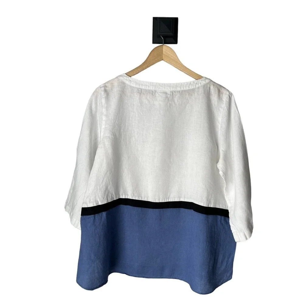 J. Jill Love Linen Womens 3/4 Sleeve Color Block Linen Tunic Top Sz M White Blue